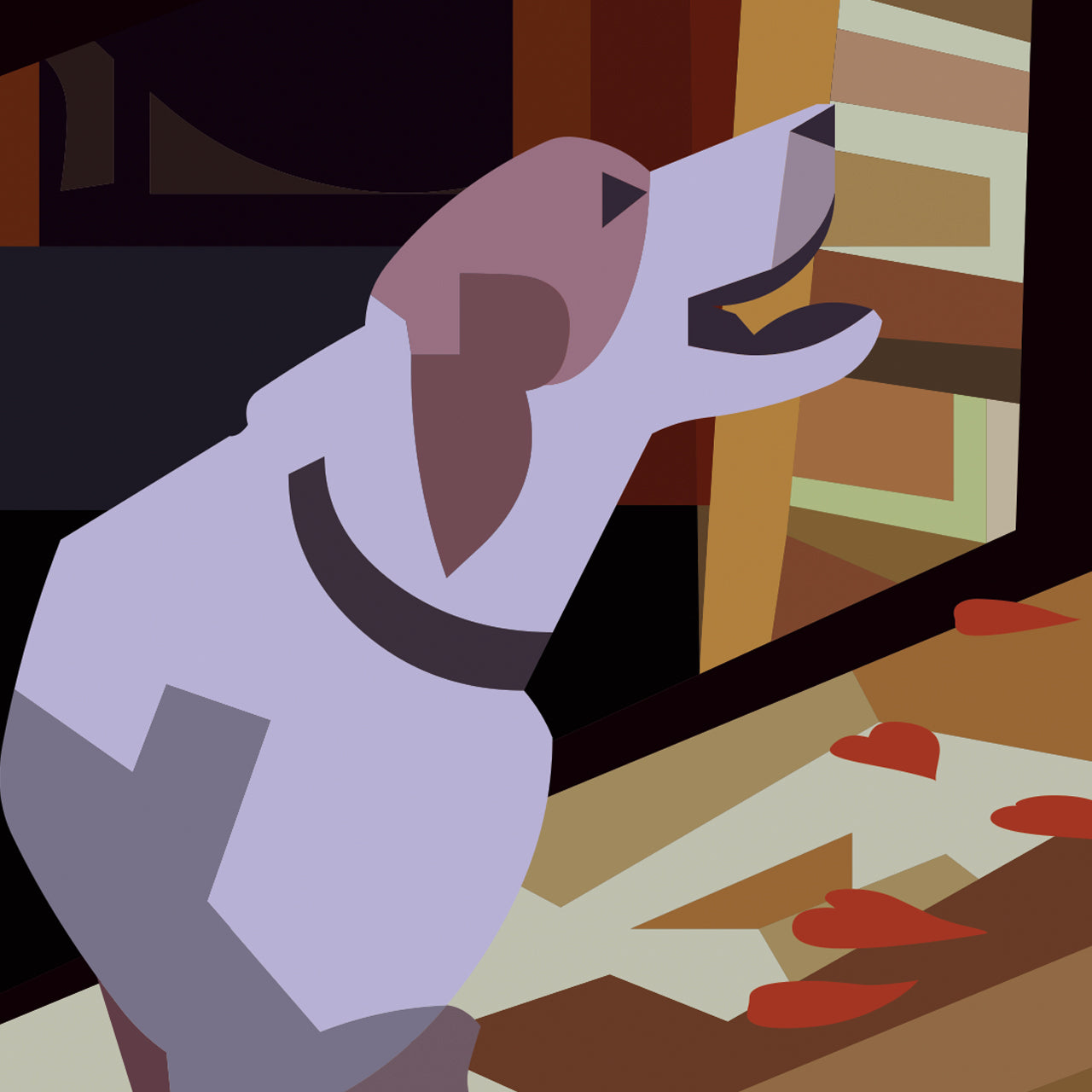 Scopri "Alba Truffle Flavour", Ambientazione dell'illustrazione iconica di Pierpaolo Rovero che cattura la magia della stagione del tartufo bianco ad Alba. Un'opera ricca di dettagli, dove storia e tradizione si fondono in una rappresentazione vivace della raccolta del tartufo. Dettaglio cane tartufo